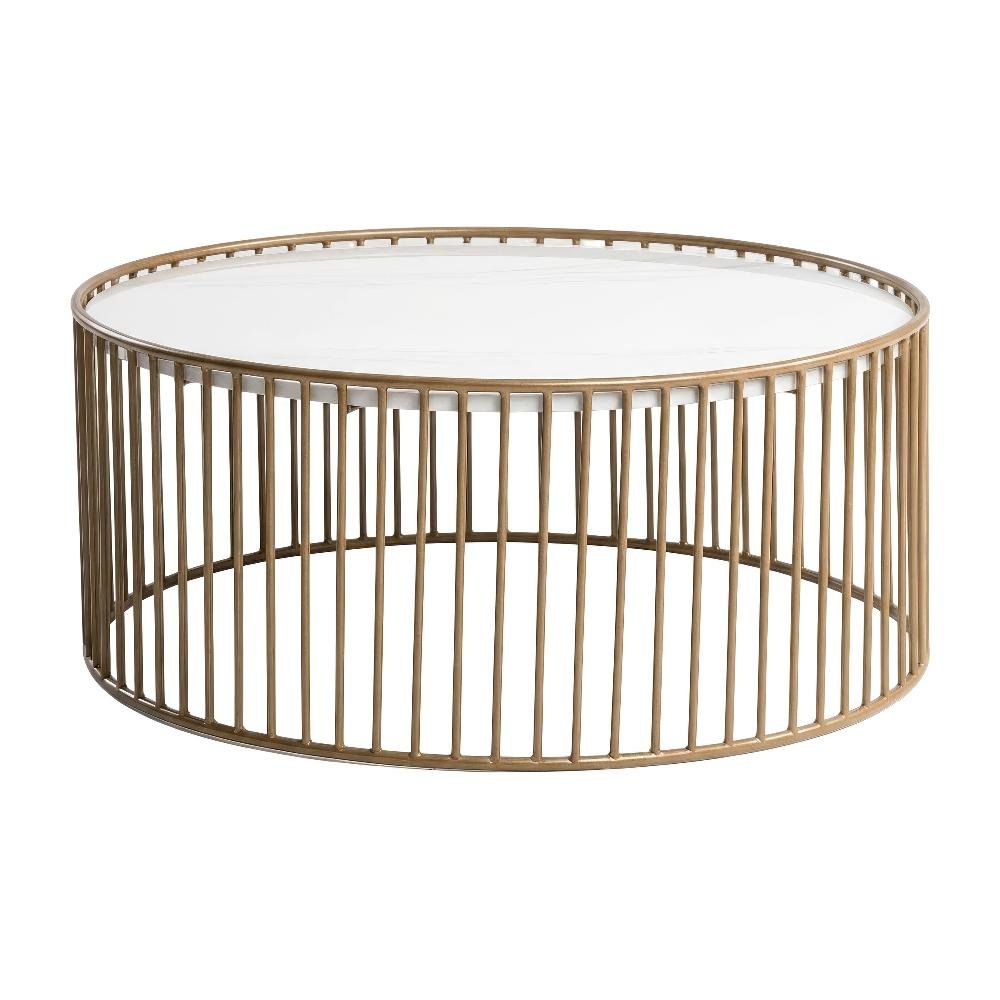 White Round Faux Marble Coffee Table with Metal Base and Modern Design