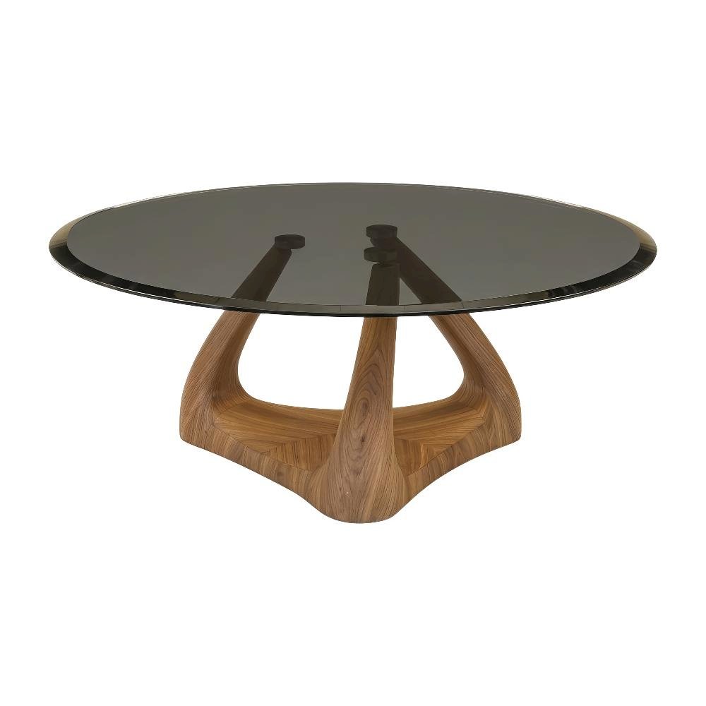 Brown Round Coffee Table with Glass Top and Walnut Veneer Base Fiberglass