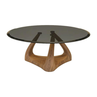 Brown Round Coffee Table with Glass Top and Walnut Veneer Base Fiberglass
