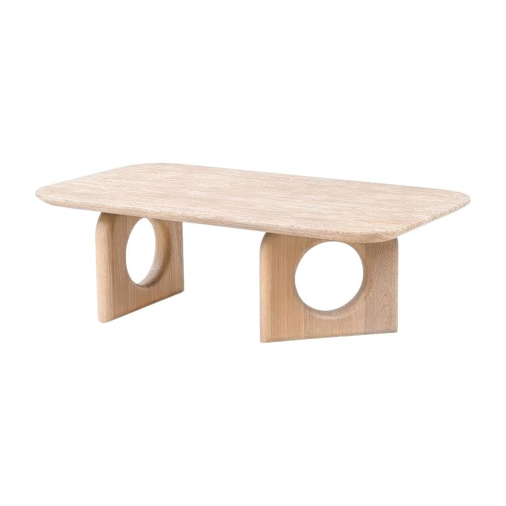 Beige Faux Marble Coffee Table with Solid Wood Base and Modern Design
