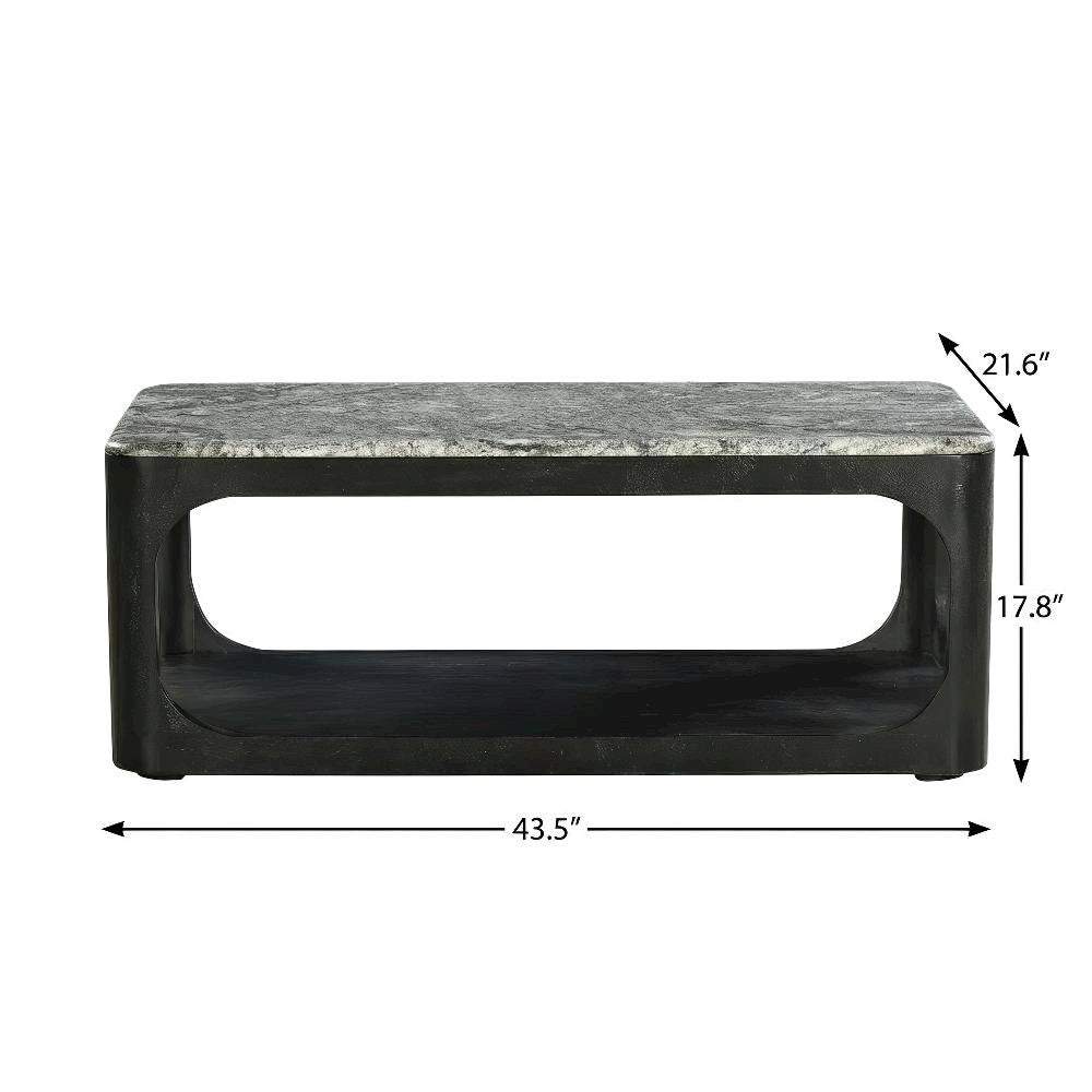 Marble Granite Coffee Table with Solid Wood Base Black Rectangular Design