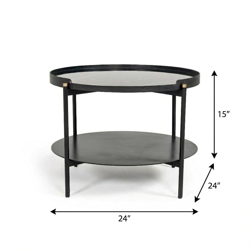 Black Metal Round Coffee Table with Marble Top and Modern Design