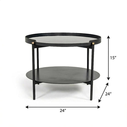 Black Metal Round Coffee Table with Marble Top and Modern Design