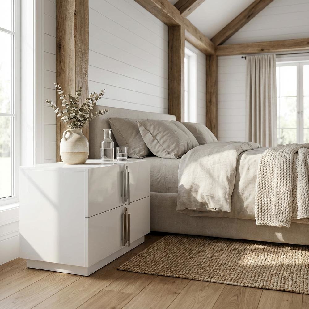 White and Stainless Steel Nightstand with Modern Design