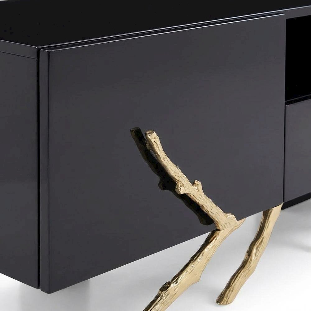 Black Modern TV Stand with Engineered Wood Frame and Gold Accents