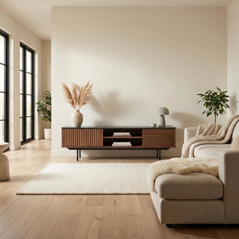 Walnut and Grey TV Stand with Modern Design and Engineered Wood Construction