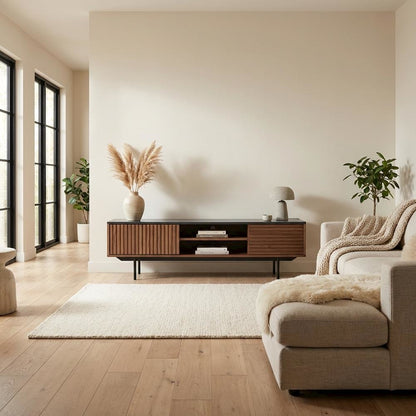 Walnut and Grey TV Stand with Modern Design and Engineered Wood Construction