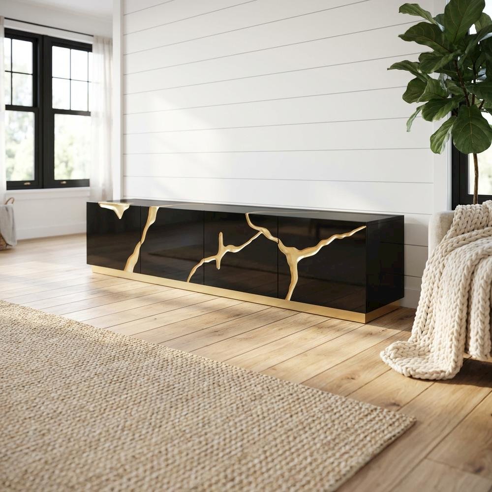 Black Contemporary TV Stand with Engineered Wood Finish and Metallic Accents