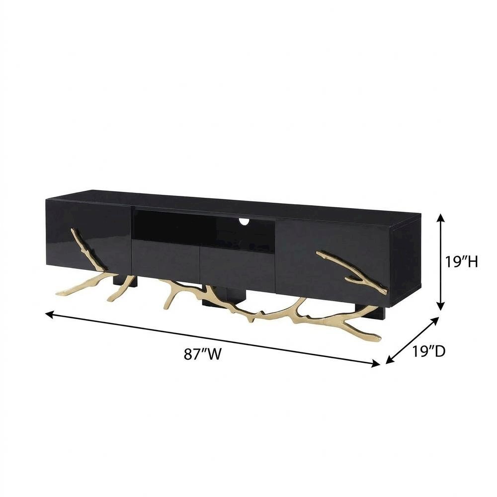 Black Modern TV Stand with Engineered Wood Frame and Gold Accents