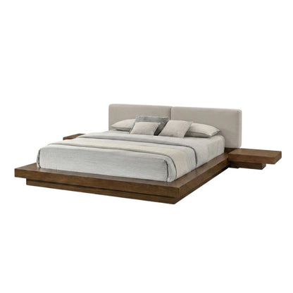 Queen Bed Frame Walnut Veneer, Low Profile Bed With Floating Nightstands