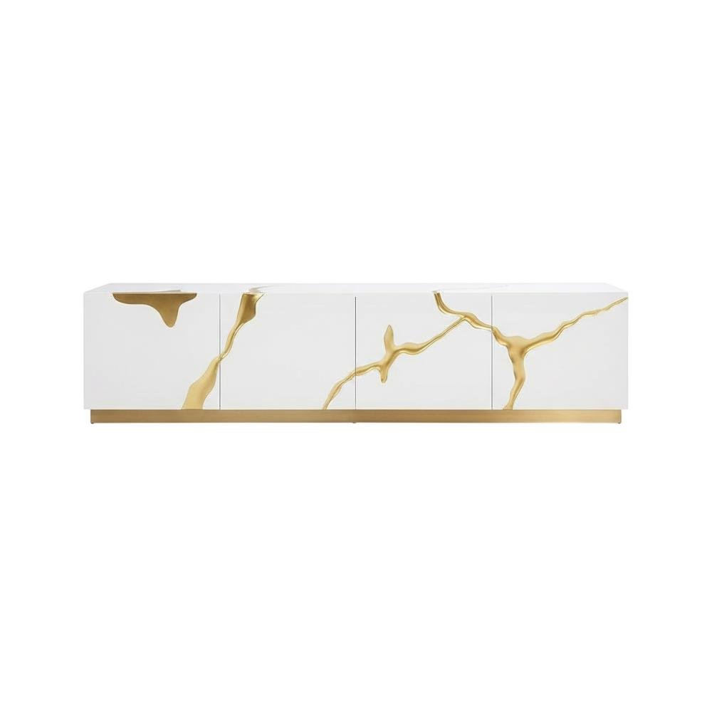 White engineered wood TV stand with sleek gold accents for modern living spaces