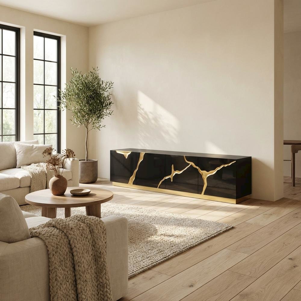 Black Contemporary TV Stand with Engineered Wood Finish and Metallic Accents