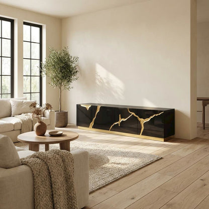 Black Contemporary TV Stand with Engineered Wood Finish and Metallic Accents