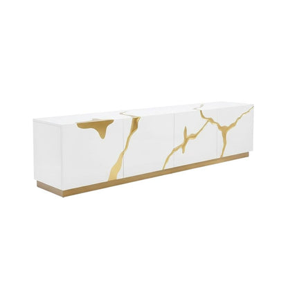White engineered wood TV stand with sleek gold accents for modern living spaces