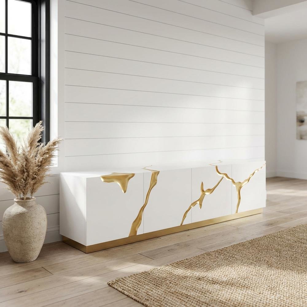 White engineered wood TV stand with sleek gold accents for modern living spaces