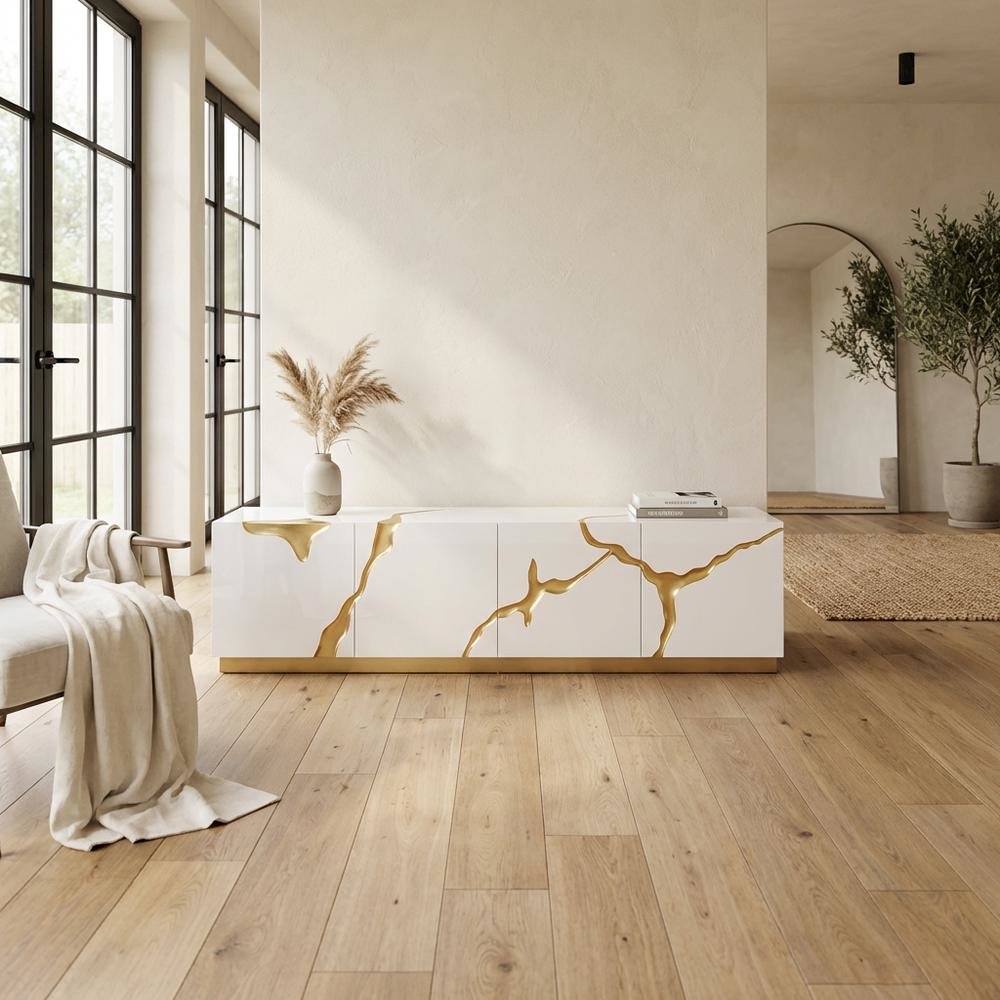 White engineered wood TV stand with sleek gold accents for modern living spaces