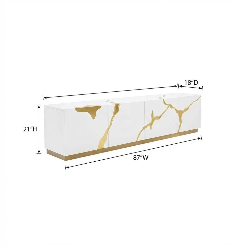 White engineered wood TV stand with sleek gold accents for modern living spaces