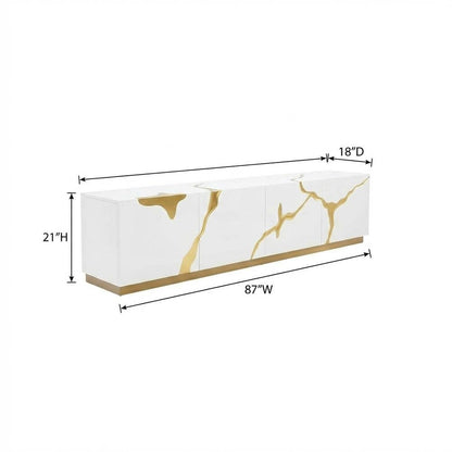White engineered wood TV stand with sleek gold accents for modern living spaces