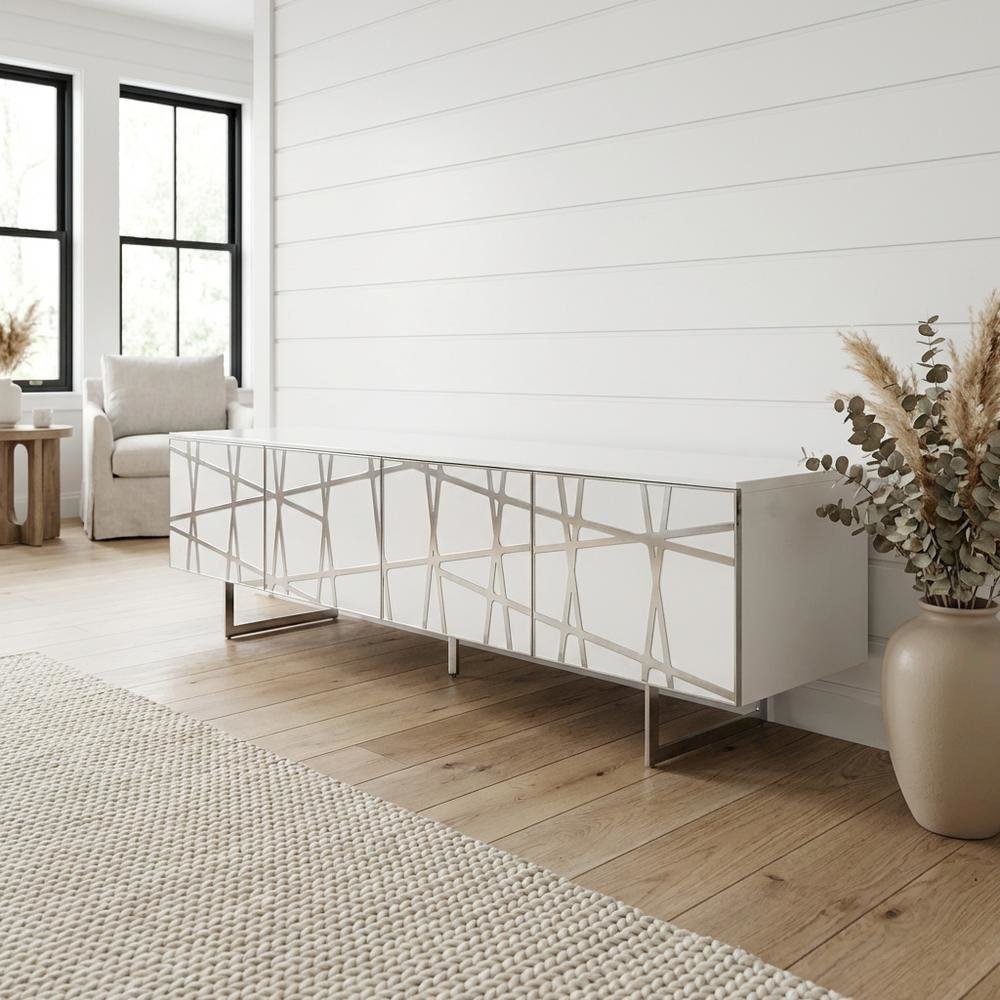 White Modern TV Stand with Engineered Wood Construction and Sleek Design