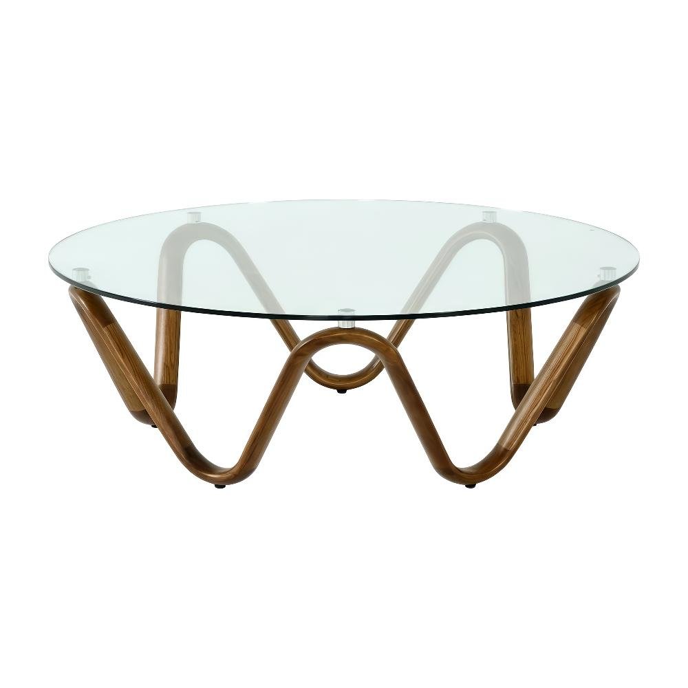 Brown Glass and Walnut Coffee Table with Wood Veneer Surface and Sturdy Frame