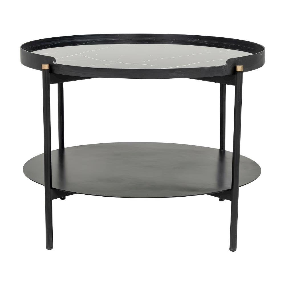 Black Metal Round Coffee Table with Marble Top and Modern Design