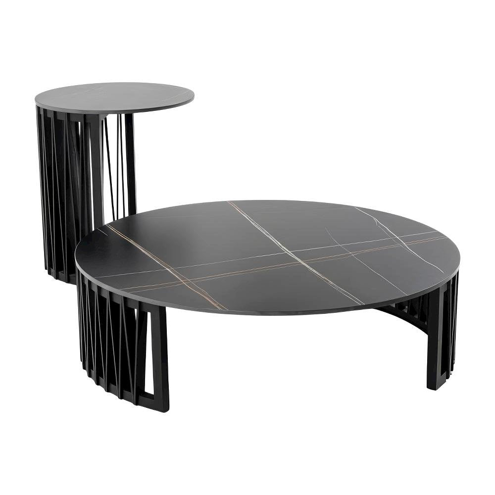 Black Round Coffee Table with Ceramic Top and Solid Wood Base for Living Room