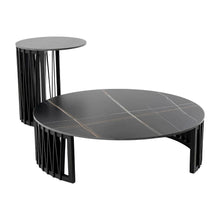 Black Round Coffee Table with Ceramic Top and Solid Wood Base for Living Room