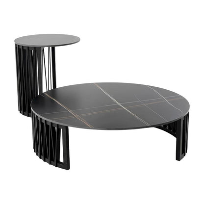 Black Round Coffee Table with Ceramic Top and Solid Wood Base for Living Room