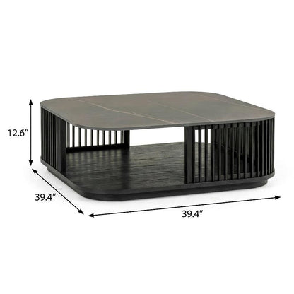 Black Ceramic and Wood Square Coffee Table with Solid Top and Sturdy Frame