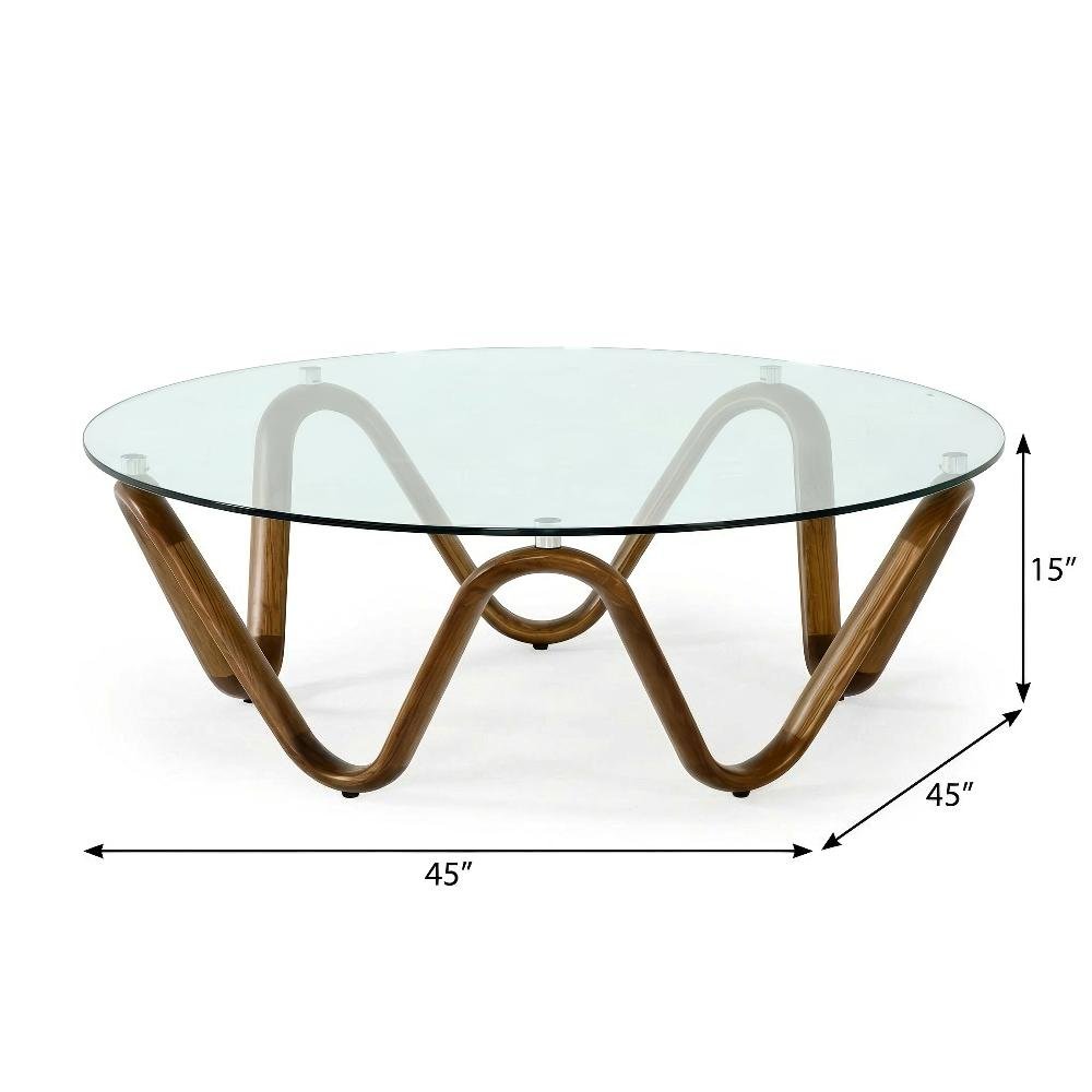 Brown Glass and Walnut Coffee Table with Wood Veneer Surface and Sturdy Frame