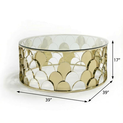 Gold Round Coffee Table with Glass Top and Steel Frame Modern Design 1-Piece