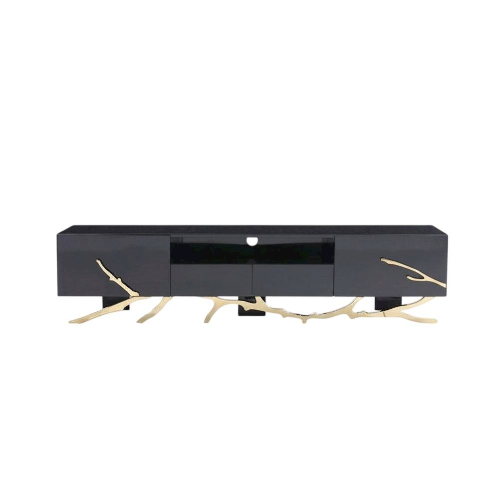 Black Modern TV Stand with Engineered Wood Frame and Gold Accents