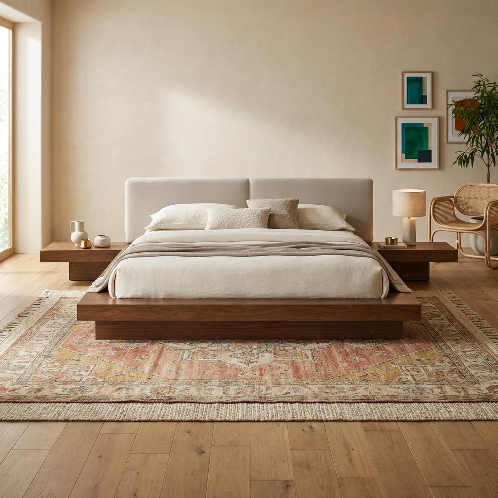 Queen Bed Frame Walnut Veneer, Low Profile Bed With Floating Nightstands