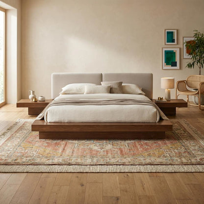 Queen Bed Frame Walnut Veneer, Low Profile Bed With Floating Nightstands