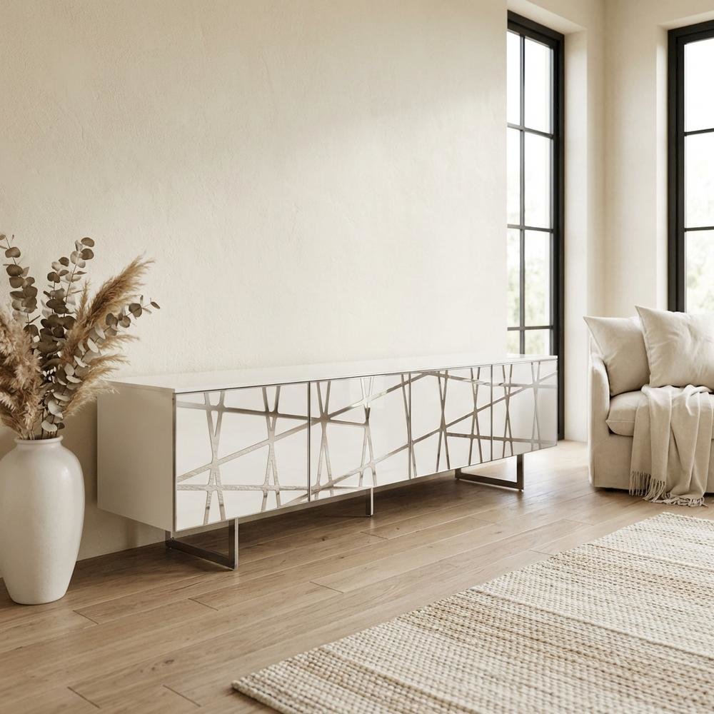 White Modern TV Stand with Engineered Wood Construction and Sleek Design