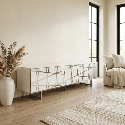 White Modern TV Stand with Engineered Wood Construction and Sleek Design