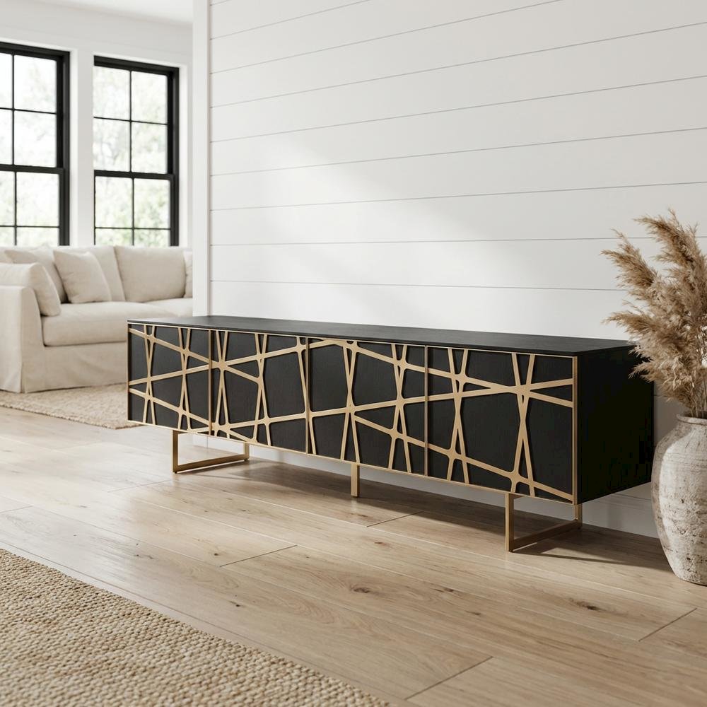 Modern Black TV Stand with Engineered Wood and Gold Accents for Living Room