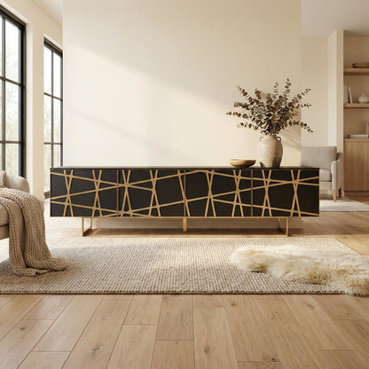 Modern Black TV Stand with Engineered Wood and Gold Accents for Living Room