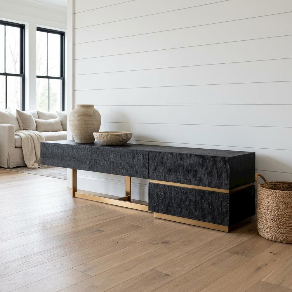 Black Ash TV Stand with Brushed Gold Accents and Engineered Wood