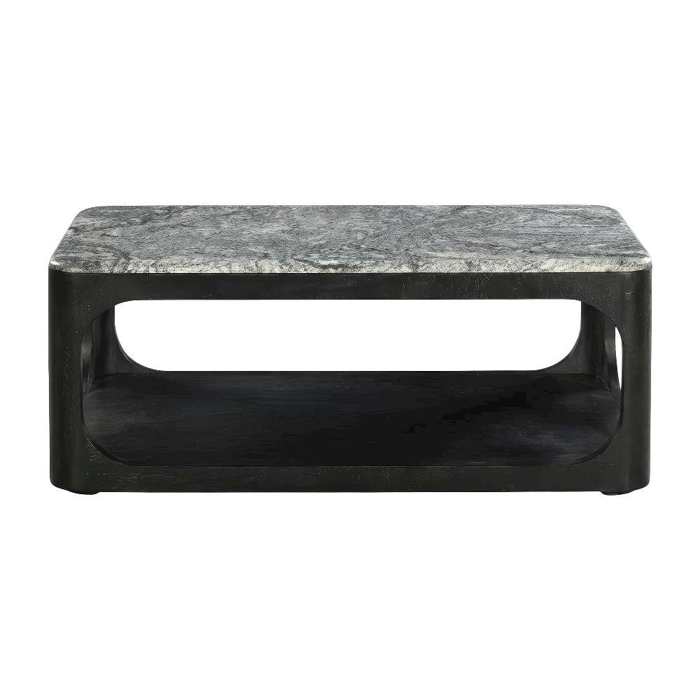 Marble Granite Coffee Table with Solid Wood Base Black Rectangular Design