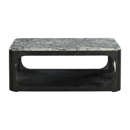 Marble Granite Coffee Table with Solid Wood Base Black Rectangular Design