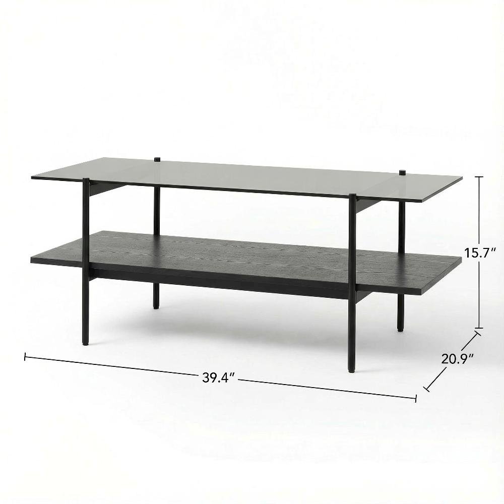 Black Glass Coffee Table with Iron Frame and Veneer Top for Living Room