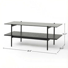 Black Glass Coffee Table with Iron Frame and Veneer Top for Living Room