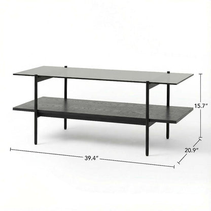 Black Glass Coffee Table with Iron Frame and Veneer Top for Living Room