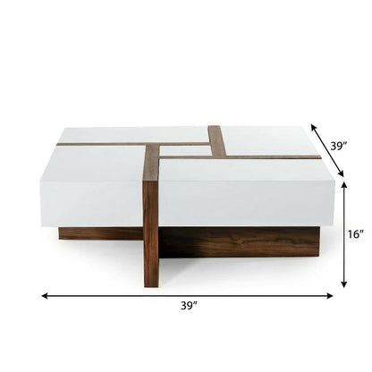 White Square Coffee Table with Walnut Veneer and MDF Construction, Single Piece