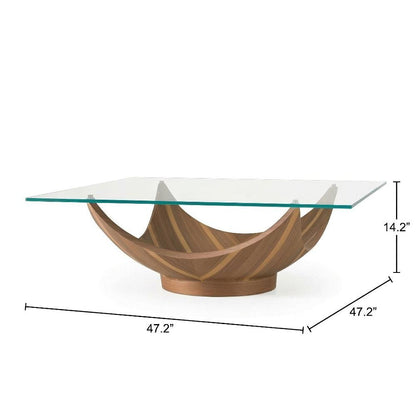 Glass Coffee Table with Walnut Veneer Base and Fiberglass Frame for Living Room