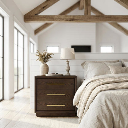 Contemporary Brown Oak and Gold Nightstand with Modern Design