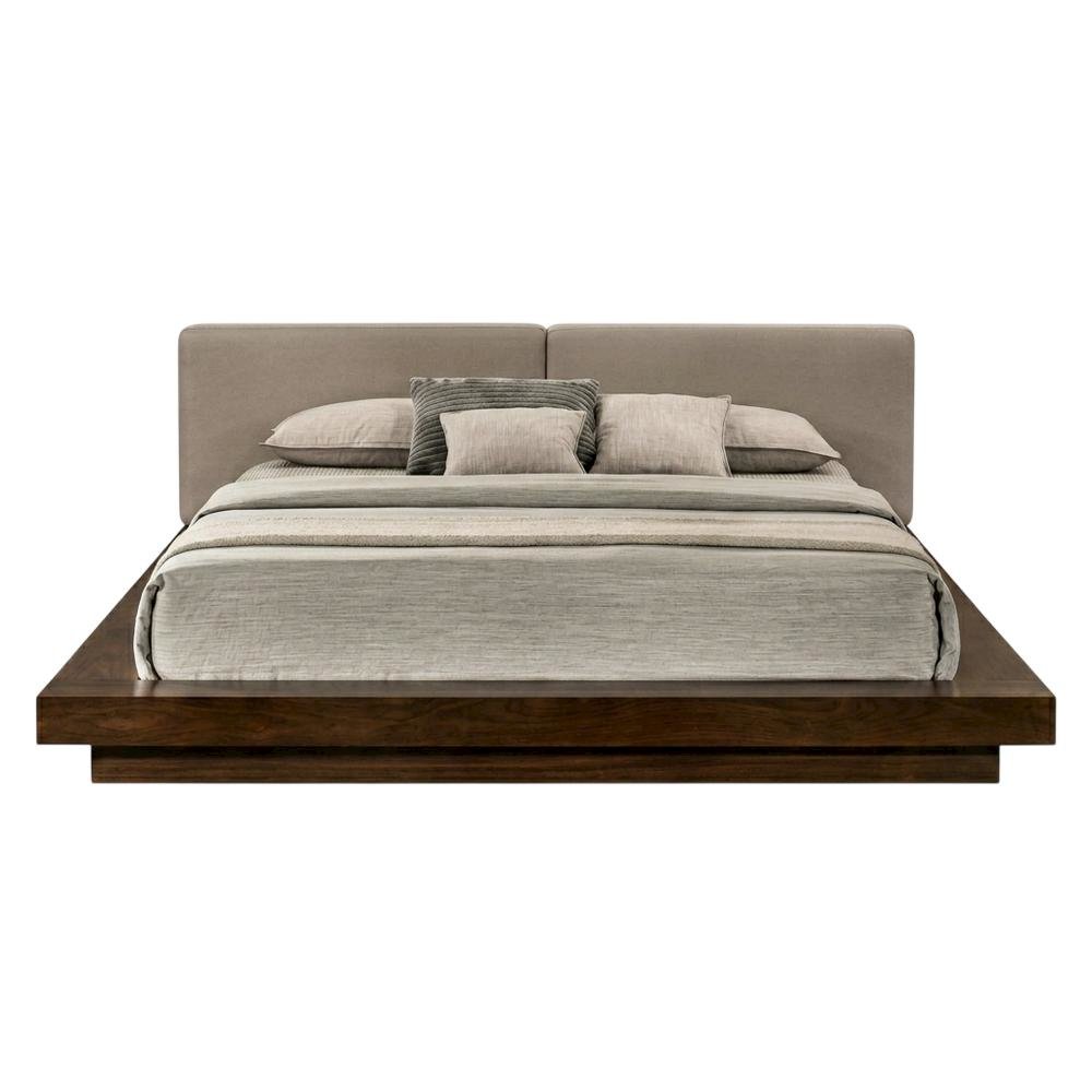 Queen Bed Frame Walnut Veneer, Low Profile Bed With Floating Nightstands