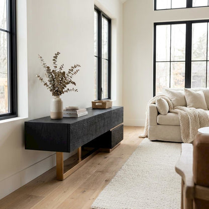 Black Ash TV Stand with Brushed Gold Accents and Engineered Wood