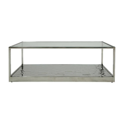 Silver Glass Coffee Table with Stainless Steel Frame and Sleek Wave Design
